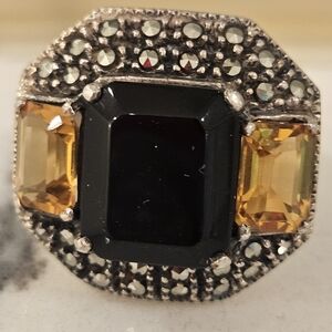 Vintage Art Deco Style Onyx and Citrine Marcasite Cocktail Ring